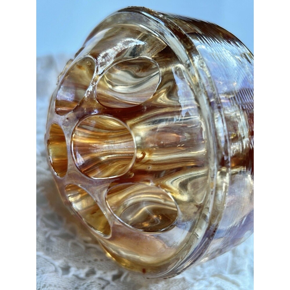 Vintage 1930s - 40’s Marigold Iridescent Carnival Glass 8 Hole Flower Frog 3x2